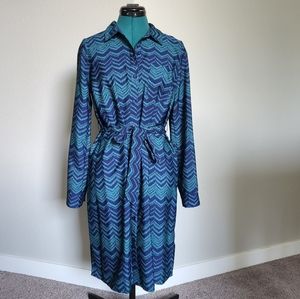 Motherhood Front Tie Button-Down Maternity Dress Blue/Green Pattern